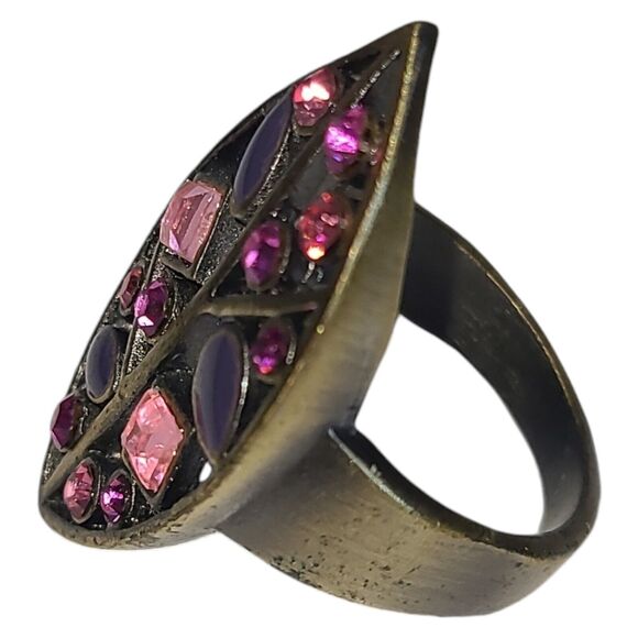 Pink & Purple Rhinestones Bronze Leaf Cut Out Cocktail Ring Size 7 - Picture 2 of 6